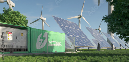 Wind turbines and solar panels store energy in batteries. Realistic 3d render.
