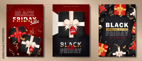 Collection of sale banners with 3d gift boxes, shiny confetti and golden text for BLACK FRIDAY event. Social Media post with party streamers and present packages with special offer for online shopping