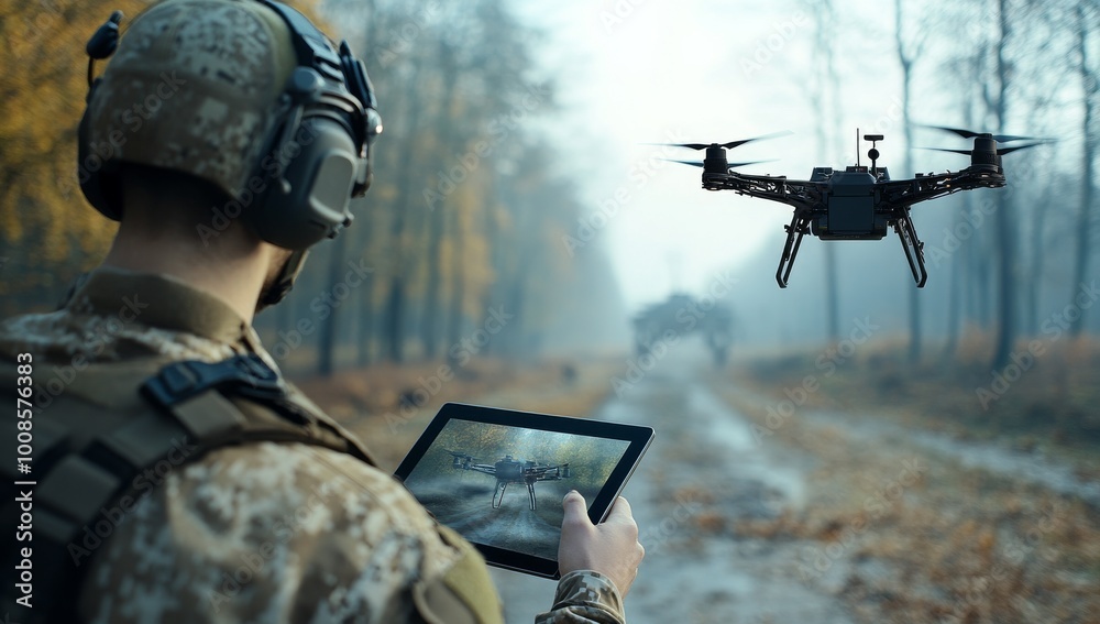 Fototapeta premium AI-Controlled Military Drone in Action with Soldier in Foggy Forest