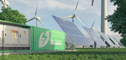 Renewable energy from wind turbines and solar panels stored in batteries. Realistic 3d render.