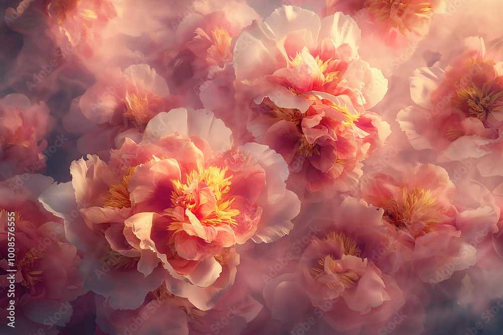 flowers in soft pink and orange, beautiful blooming peonies with a foggy, dreamy and ethereal background, photorealistic