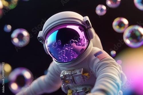 Astronaut Floating in Space with Colorful Energy Waves photo