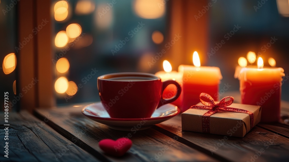 Cozy Winter Evening with Hot Drink, Candles, and Gift Cozy Winter Evening with Hot Drink, Candles, and Gift