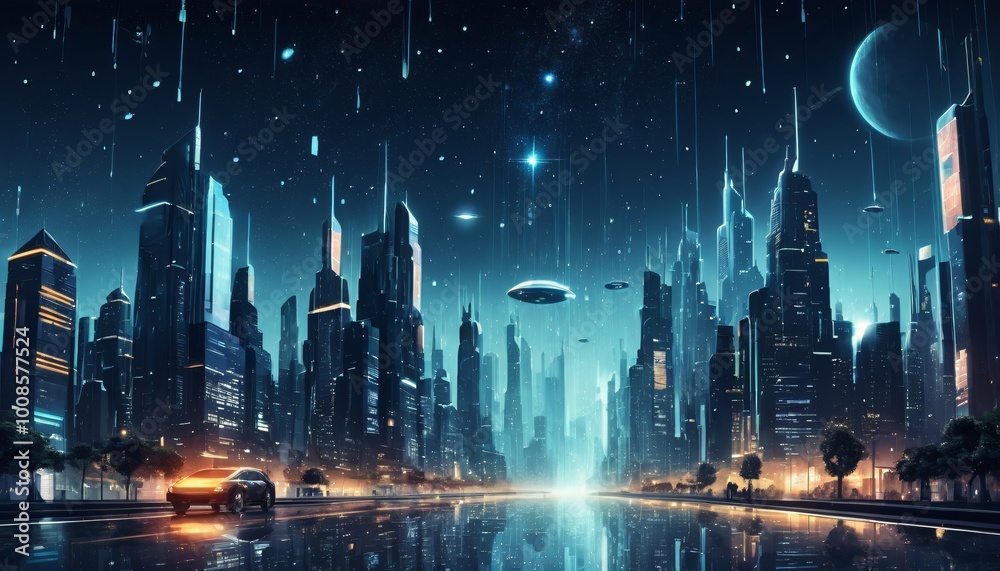 Obraz premium city night full of stars illustration background