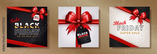 Set of sale square banners with 3d gift bow and price tag with promo for BLACK FRIDAY event. Social Media square posts, cards with silk ribbon and discount label with special offer for online shopping