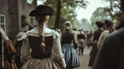 A Woman in Period Clothing Walks Through a Village