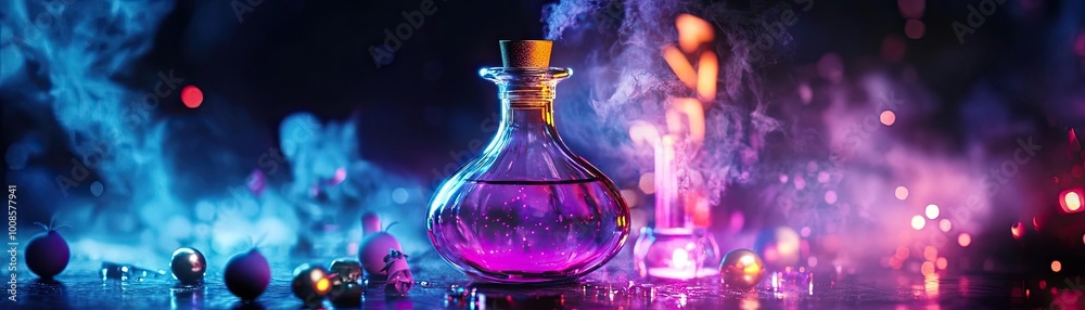 A mystical potion bottle illuminating with vibrant colors, surrounded by magical smoke and sparkles, perfect for fantasy themes. A mystical potion bottle illuminating with vibrant colors, surrounded by magical smoke and sparkles, perfect for fantasy themes.