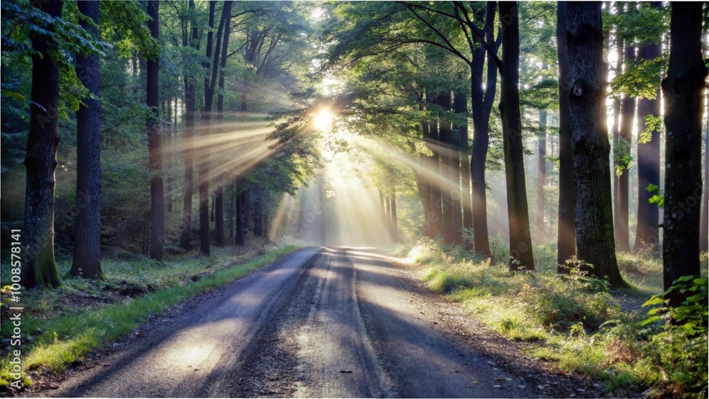Obraz premium Sunlight streams through the trees, casting a warm glow on a quiet dirt road in nature
