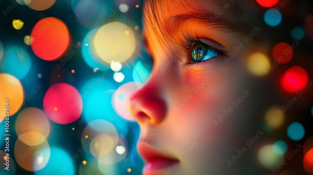 A close-up of a child's face, eyes wide with fascination as they look at vibrant, round bokeh lights in the background, capturing a moment of curiosity and awe. A close-up of a child's face, eyes wide with fascination as they look at vibrant, round bokeh lights in the background, capturing a moment of curiosity and awe.