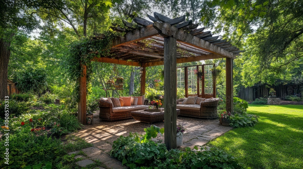 Naklejka premium Wooden pergola in a lush green garden, with comfortable seating and clear windows, creating a tranquil patio setting