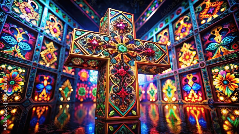 Obraz premium Intricate Cross Design in Shiny Metal with Elegant Patterns and Reflections on Dark Background
