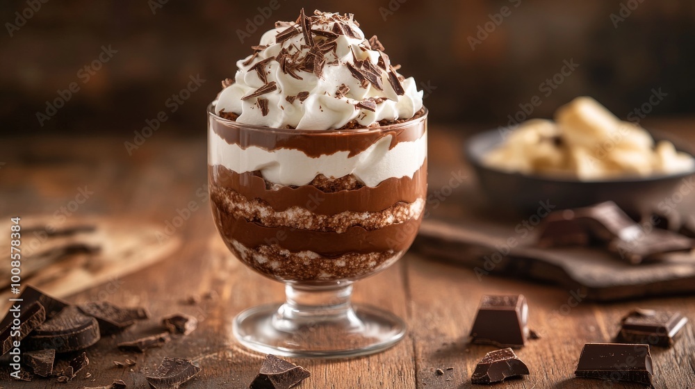 A delightful layered chocolate dessert featuring rich chocolate, creamy layers, topped with whipped cream and chocolate shavings, served in a glass dish. A delightful layered chocolate dessert featuring rich chocolate, creamy layers, topped with whipped cream and chocolate shavings, served in a glass dish.