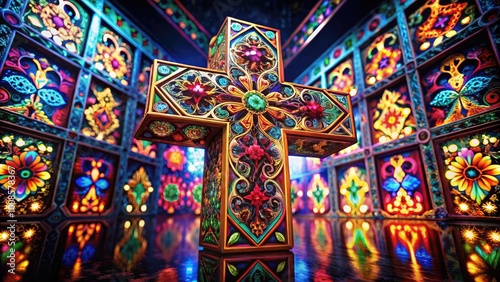 Intricate Cross Design in Shiny Metal with Elegant Patterns and Reflections on Dark Background