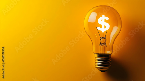 Illuminated Light Bulb with a Dollar Sign Inside on a Yellow Background, Representing the Concept of Financial Ideas and Solutions