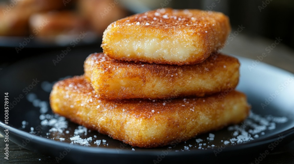 Three crispy squares of fried milk are arranged on a black plate and dusted with sugar, embodying a sweet, crunchy delicacy and homemade dessert nostalgia. Three crispy squares of fried milk are arranged on a black plate and dusted with sugar, embodying a sweet, crunchy delicacy and homemade dessert nostalgia.