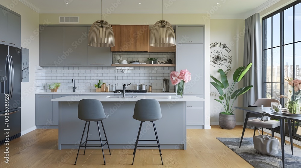 Modern composition of kitchen space with design kitchen island, black hookers, grey table, flowers, furnitures, big window and elegant personal accessories. Stylish home decor. Modern composition of kitchen space with design kitchen island, black hookers, grey table, flowers, furnitures, big window and elegant personal accessories. Stylish home decor.