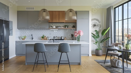 Modern composition of kitchen space with design kitchen island, black hookers, grey table, flowers, furnitures, big window and elegant personal accessories. Stylish home decor.