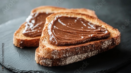 Two slices of toasted bread generously topped with creamy chocolate spread on a rustic, dark surface. The image highlights the simple pleasure of delicious snacks.