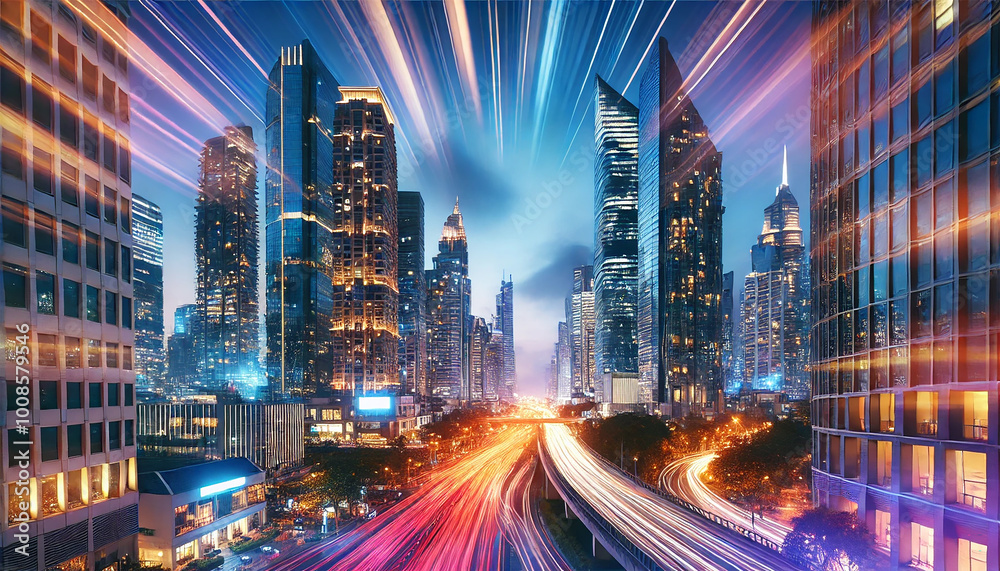 Dynamic Urban Cityscape at Dusk with Skyscrapers and Illuminated Streets. AI-generated Dynamic Urban Cityscape at Dusk with Skyscrapers and Illuminated Streets. AI-generated