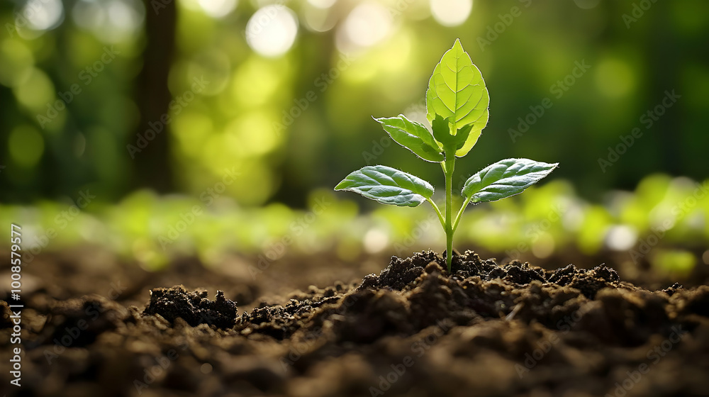 A Single Green Sprout Emerging from Dark Soil with a Bokeh Background of a Sunlit Forest, Representing New Life and Growth A Single Green Sprout Emerging from Dark Soil with a Bokeh Background of a Sunlit Forest, Representing New Life and Growth