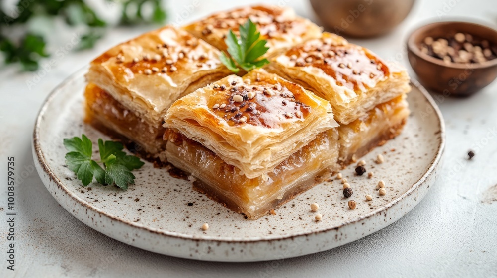 Three golden, crispy pieces of baklava are stacked on a rustic plate, topped with nuts and herbs, showcasing a delicious, traditional dessert in appetizing detail. Three golden, crispy pieces of baklava are stacked on a rustic plate, topped with nuts and herbs, showcasing a delicious, traditional dessert in appetizing detail.