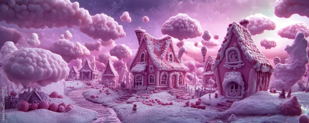 Fototapeta premium A whimsical landscape with colorful houses and fluffy clouds, evoking a dreamlike atmosphere of joy and fantasy.
