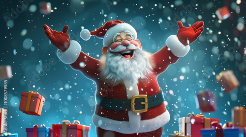 Happy Santa Claus enjoying a fall of gifts from the sky. Christmas magic during a holy snowy night. 3D style.