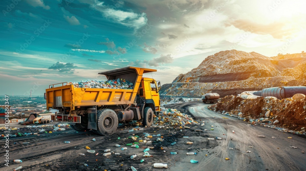 Waste management truck at a landfill site, surrounded by heaps of garbage and a bright blue sky, capturing the essence of environmental challenges and pollution Waste management truck at a landfill site, surrounded by heaps of garbage and a bright blue sky, capturing the essence of environmental challenges and pollution