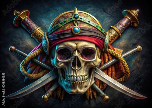 Intricate Skull Pirate Design with Crossed Swords and Nautical Elements for Adventure Themes