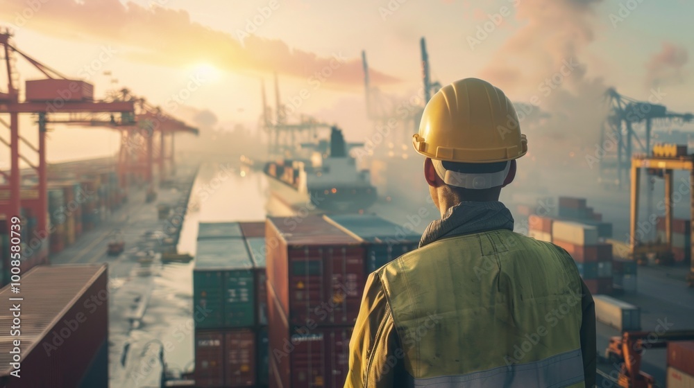 A serene sunrise at a busy port captured in an image. Orange sky, worker in yellow, purple containers, trucks, cranes, and ships loading. The port is bustling despite the peaceful morning. A serene sunrise at a busy port captured in an image. Orange sky, worker in yellow, purple containers, trucks, cranes, and ships loading. The port is bustling despite the peaceful morning.