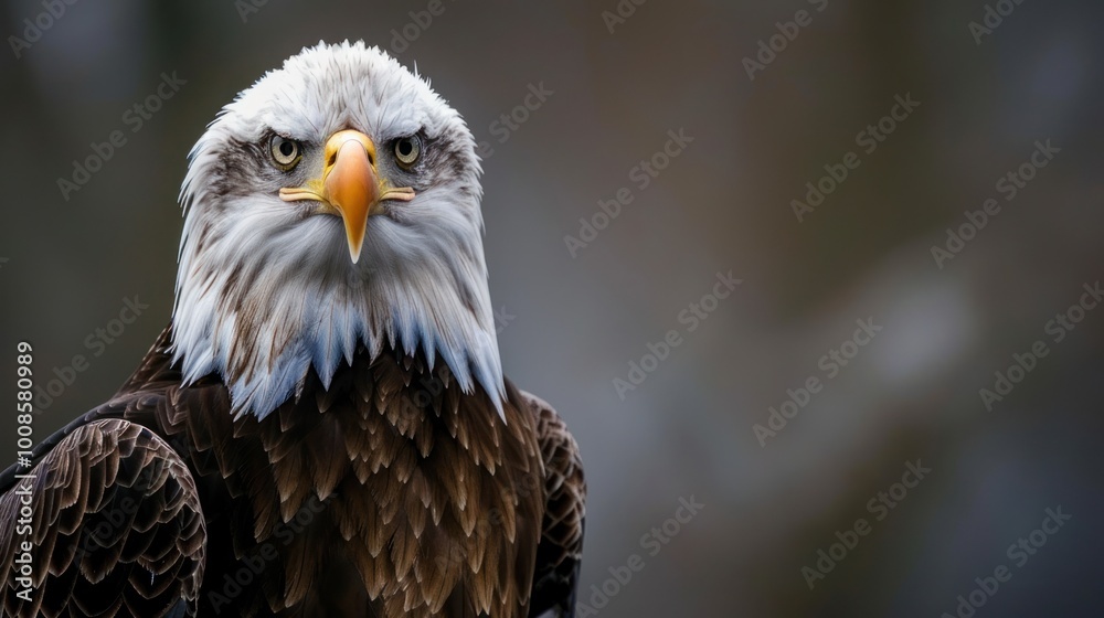 Obraz premium A detailed close-up of the Bald Eagle, America's national bird, perched majestically with its sharp eyes and powerful stance