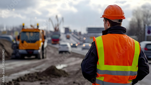 Construction Worker Stands on Road Beside a Construction Vehicle and Traffic in the Background