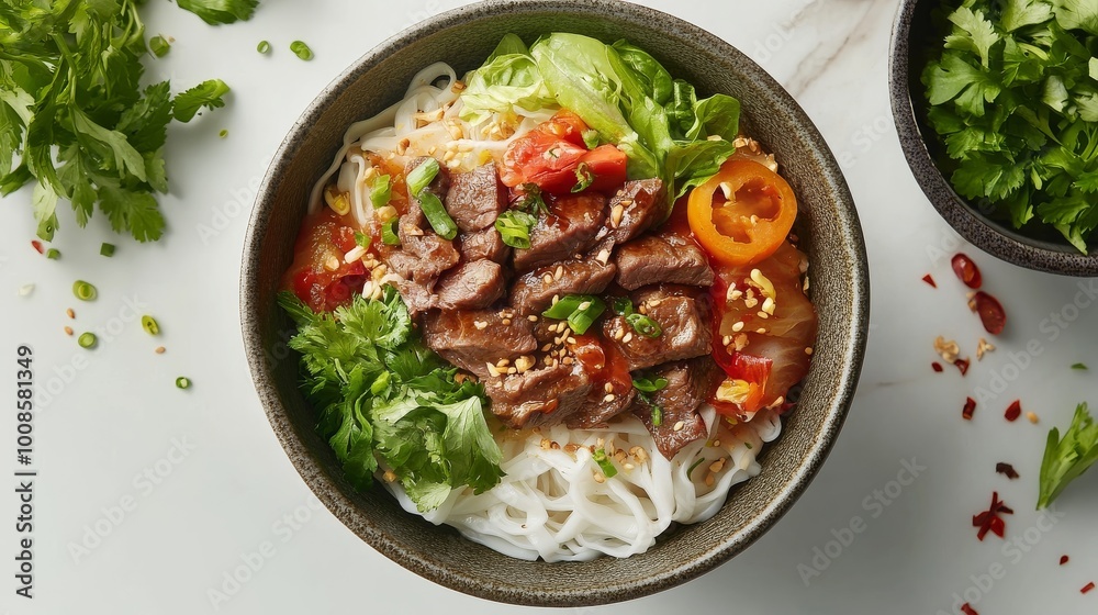 A colorful bowl featuring rice noodles, seasoned beef, fresh lettuce, and sliced tomatoes, topped with herbs and spices, highlighting a fresh culinary delight. A colorful bowl featuring rice noodles, seasoned beef, fresh lettuce, and sliced tomatoes, topped with herbs and spices, highlighting a fresh culinary delight.