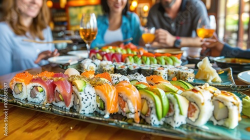 A group of friends gathered at an elegant Japanese restaurant indulging in a variety of fresh colorful sushi rolls and nigiri The sushi platter is beautifully presented on a wooden table