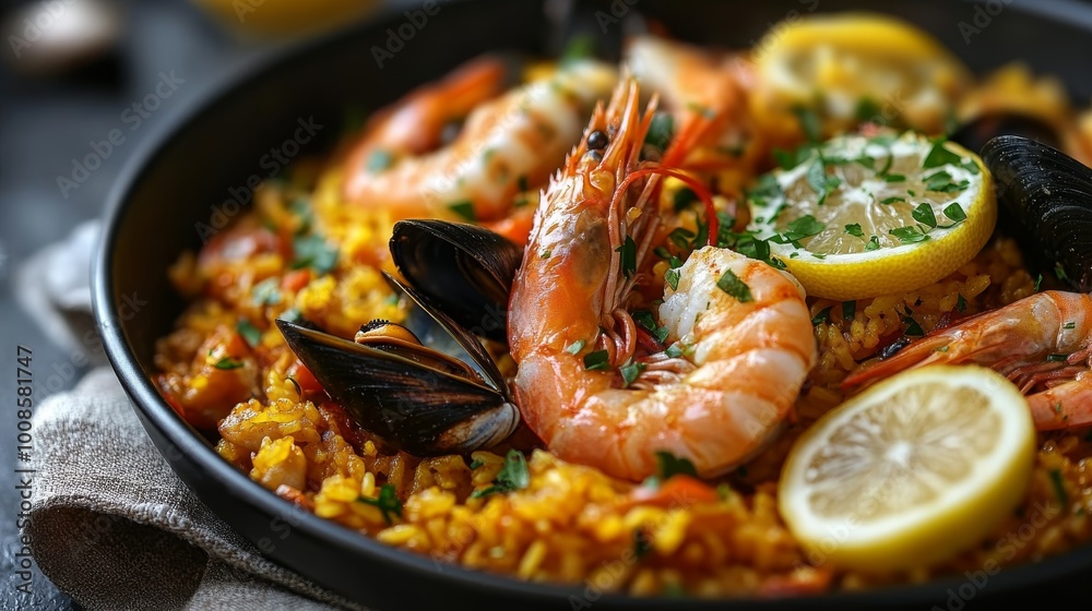 A sumptuous pan of seafood paella, brimming with shrimp, mussels, and lemon slices, exudes vibrant colors and flavors, symbolizing a celebration of Spanish cuisine. A sumptuous pan of seafood paella, brimming with shrimp, mussels, and lemon slices, exudes vibrant colors and flavors, symbolizing a celebration of Spanish cuisine.