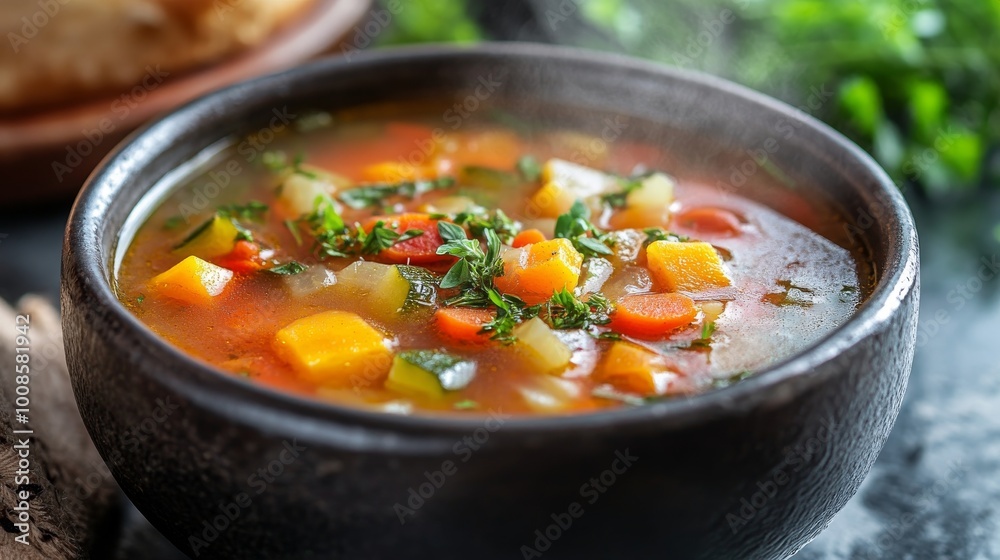 A bowl of hearty vegetable soup is brimming with fresh, colorful vegetables in a steaming, aromatic broth, offering a nourishing and comforting meal. A bowl of hearty vegetable soup is brimming with fresh, colorful vegetables in a steaming, aromatic broth, offering a nourishing and comforting meal.