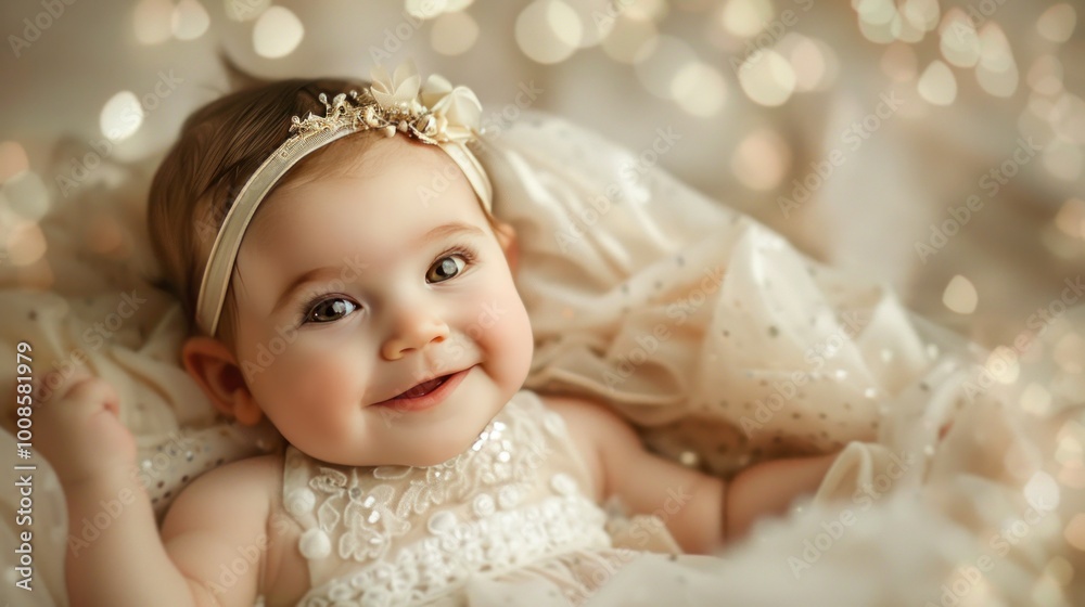 A joyful infant in a pristine gown and delicate headband exudes innocence and beauty, showcasing the pure and heartwarming essence of youth and fashion A joyful infant in a pristine gown and delicate headband exudes innocence and beauty, showcasing the pure and heartwarming essence of youth and fashion