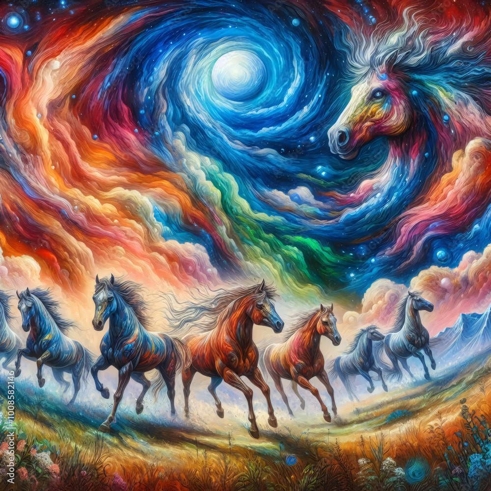 Fototapeta premium Vibrant cosmic scene with horses running under a swirling galaxy