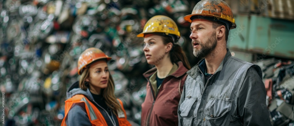 A diverse team at a recycling facility collaborates to manage metal waste. Workers in helmets and vests unite to organize materials in a busy warehouse setting. A diverse team at a recycling facility collaborates to manage metal waste. Workers in helmets and vests unite to organize materials in a busy warehouse setting.