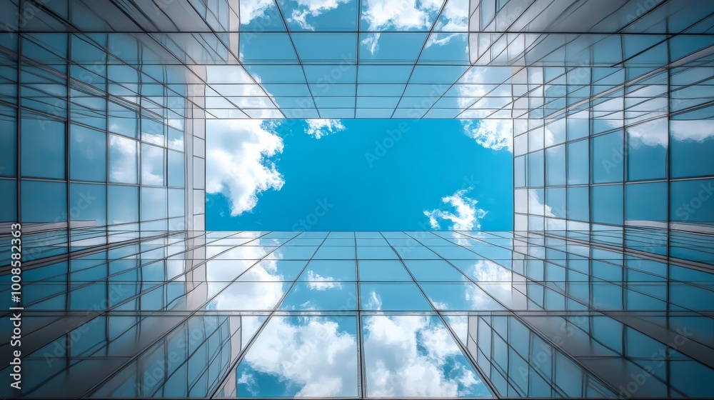 A striking perspective of modern architecture, featuring glass buildings reflecting the sky, creating an impression of openness and connection with the surroundings. A striking perspective of modern architecture, featuring glass buildings reflecting the sky, creating an impression of openness and connection with the surroundings.