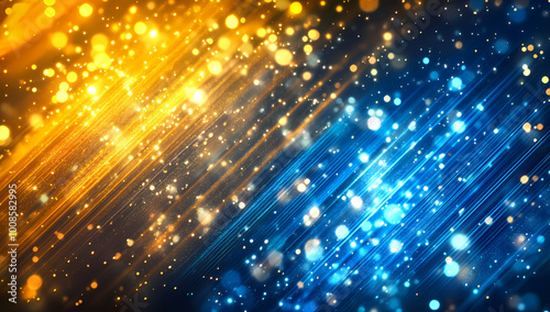 Abstract glowing light beams with bokeh in blue and gold