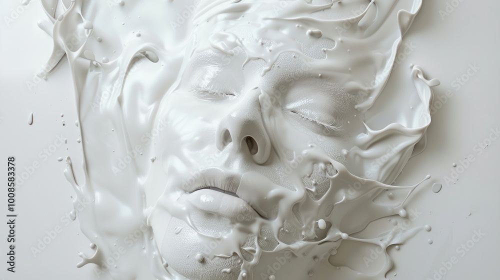 Fototapeta premium Abstract human face come out from the puddle of milk or white paint on the white floor.