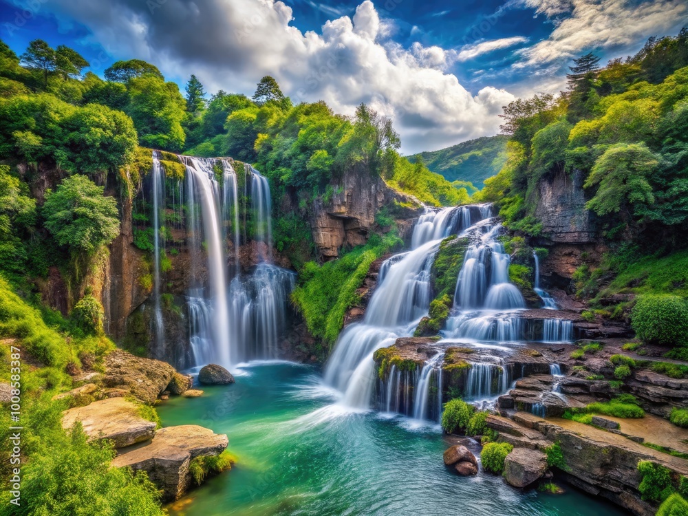 Obraz premium Isolated Waterfall Cascading Down Rocky Cliff Surrounded by Lush Greenery in a Natural Landscape