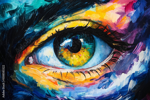 A painting of a woman's eye on a colorful background