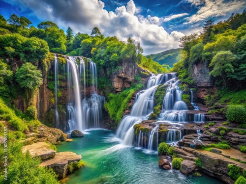 Isolated Waterfall Cascading Down Rocky Cliff Surrounded by Lush Greenery in a Natural Landscape