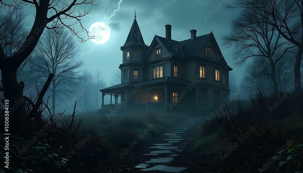 A dark and eerie Victorian house stands alone, surrounded by trees, illuminated by moonlight A dark and eerie Victorian house stands alone, surrounded by trees, illuminated by moonlight