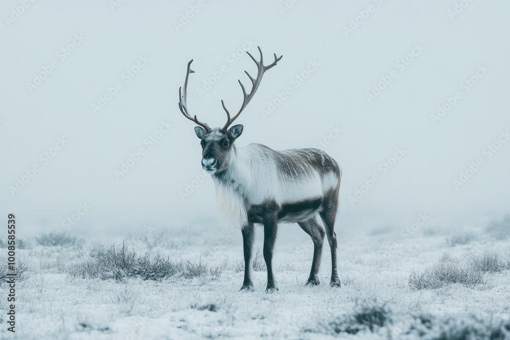 A Reindeer Standing in a Snowy Landscape with a Foggy Background A Reindeer Standing in a Snowy Landscape with a Foggy Background