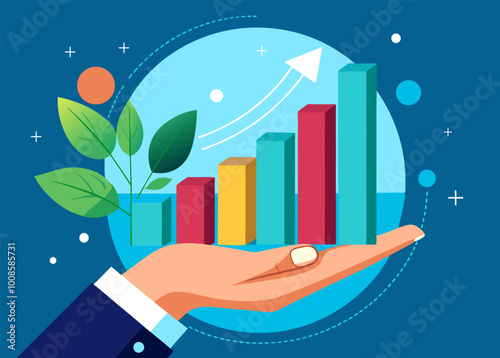 hand holding growing bar chart, business trend palm hand, resilience commitment hard dedication work