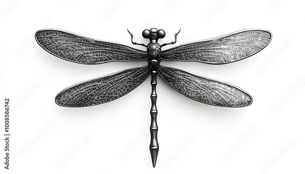 A dragonfly perched gracefully on a pristine white background, showcasing its delicate wings and vibrant colors. A dragonfly perched gracefully on a pristine white background, showcasing its delicate wings and vibrant colors.