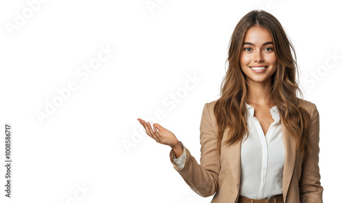  woman holding palm open for new product happy open mouth point finger at arm with